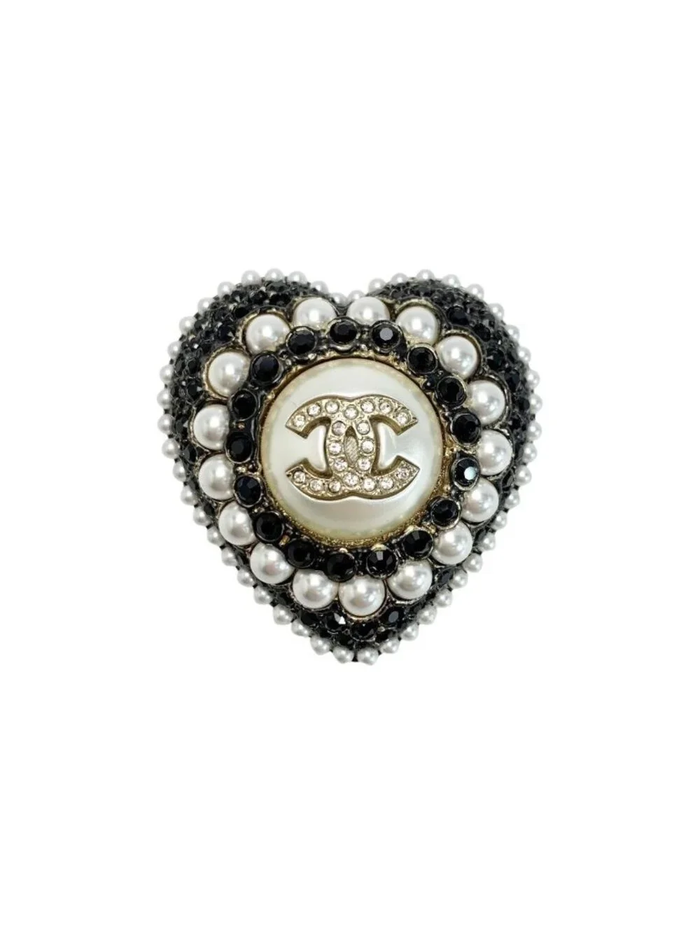 Chanel Heart L22 B GP Rhinestone Faux Pearl Black Brooch
